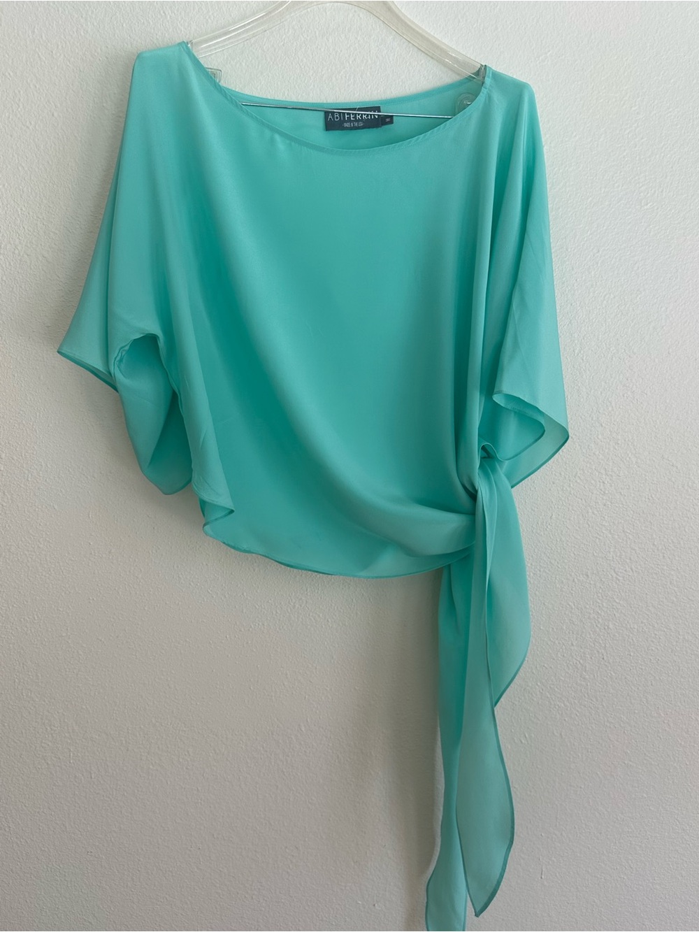 Abi Ferrin Mint Teal Asymmetric Tie Chiffon Blouse